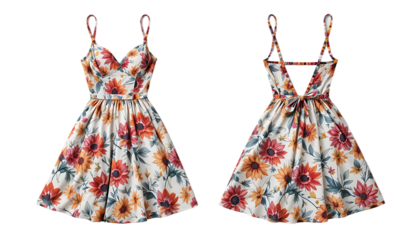 Summer Floral Dress Drawing Isolated on White Background Colorful and detailed line drawing of a casual summer floral dress, both front and back perspectives, isolated on white for transparent brandin