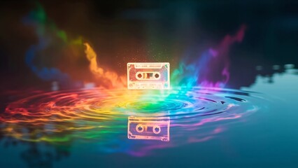 Fototapeta premium Magical Cassette Tape Emitting Rainbow Light Over Mirror Lake
