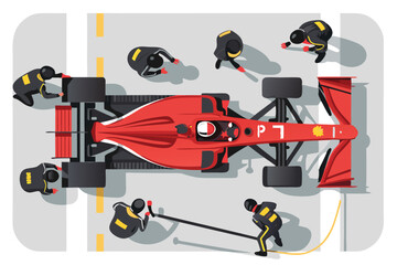 Overhead vector illustration of a Formula 1 race car speeding into a pit stop, tires blurred, mechanics visible.