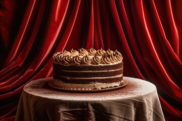 A large round Mocha cake with coffee cream layers, placed on a table under red velvet curtains. Earthy ochre background, dramatic lighting with strong shadows and highlights.