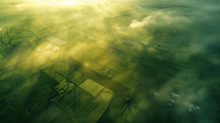 Naklejka premium Misty Sunrise Over Verdant Rice Fields
