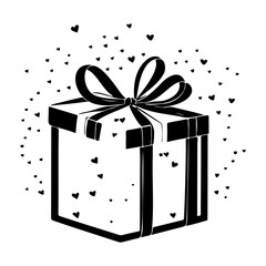 Monochrome Celebration: Elegant Gift Box Illustration with Floating Hearts Design