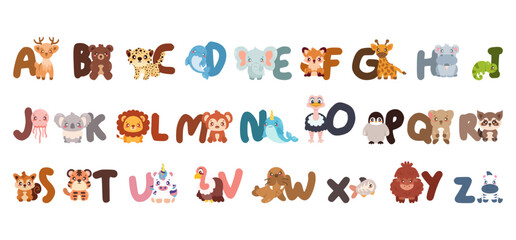 Alphabet animals flat vector illustration set