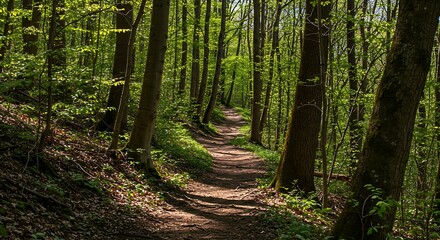 Obraz premium A winding trail through a dense forest in early spring