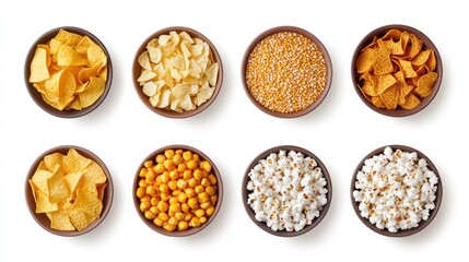 Assorted snack bowls filled with various crispy treats