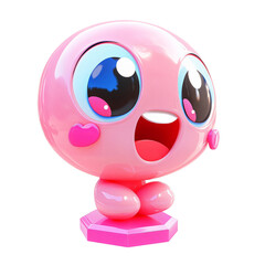 Digitally rendered,  pink,  adorable character with a wide, happy expression.  It is sitting on a pink base, detailed with light colors.