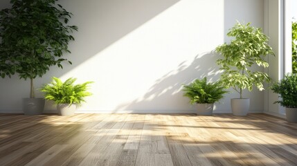 Sunlit Minimalist Room Featu Hardwood Floors and Lush Potted Plants Set Against a Bright White Wall Creating a Calming and Inviting Atmosphere