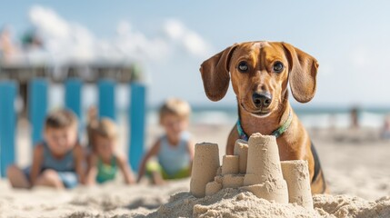 Pets summer vacations concept A dog sits proudly next to a sandcastle while children play in the background on a sunny beach.