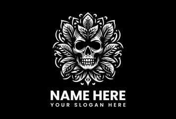 Monochrome Ornate Skull Illustration. Minimalist Cultural Art (White on Black)