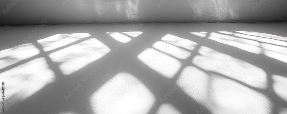 Poster a window with a white frame and a white background. the window is letting in light, creating a shado