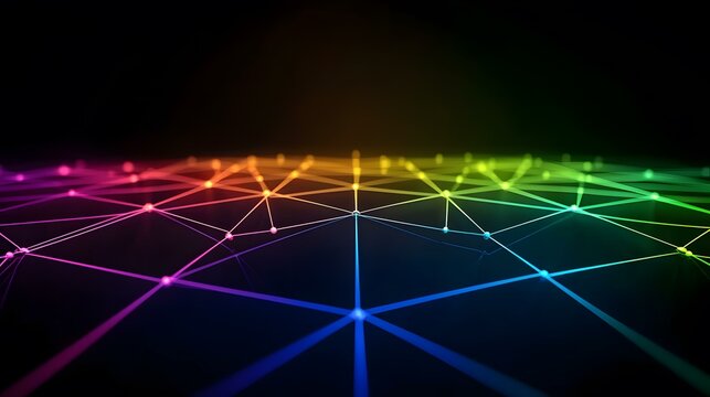 A vibrant network of interconnected nodes, glowing with a spectrum of rainbow colors against a dark background.