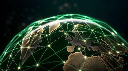The image shows a stylized Earth globe encased in a network of glowing green lines, representing global connectivity.