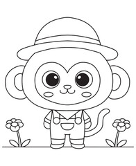 Coloring book monkey wearing overalls and a hat among the flowers