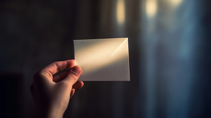 Holding a folded white paper aloft