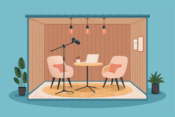 Design a vector illustration of a cozy podcast recording booth interior featuring shag carpet, professional microphone, and comfortable seating.  Include soundproofing details.