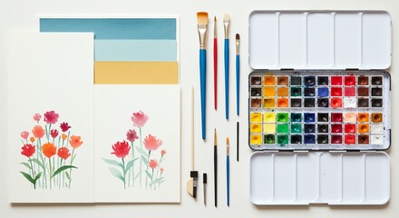 Fototapeta premium Painting Flower Art with Watercolor Supplies on White Surface