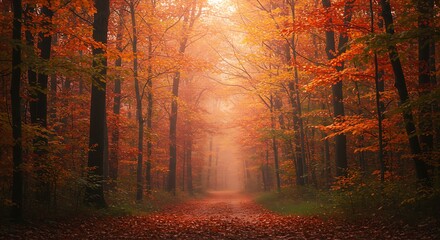 Fototapeta premium An autumn forest with vibrant red, orange, and yellow leaves