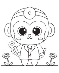 Coloring book monkey doctor in a lab coat, holding a stethoscope