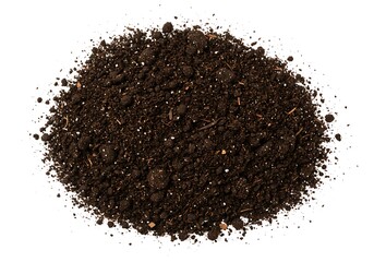 A pile of rich dark soil with small white particles on a white background in a studio shot view