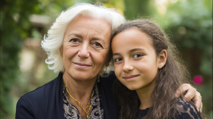 Fototapeta premium Close-up portrait of a grandmother and granddaughter, both smiling warmly. 