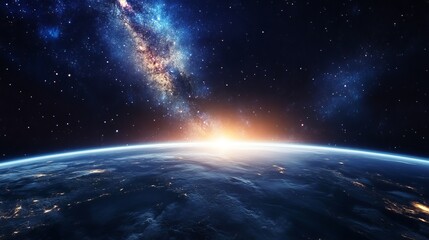 Fototapeta premium Stunning earthrise image with milky way galaxy and sunrise view beautiful cosmic landscape sky blue