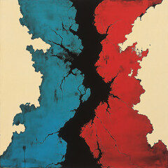 A painting of a blue and red line with a white background. The blue and red lines are broken and the white background is cracked. The painting conveys a sense of destruction and chaos