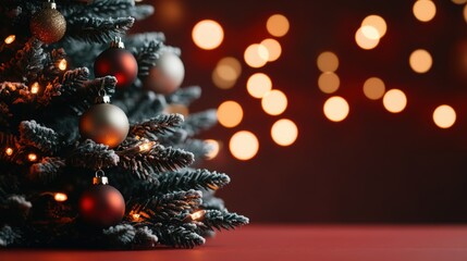Obraz premium Close-up of a flocked artificial Christmas tree with red silver ornaments and warm white lights on a deep red surface with beautiful bokeh background