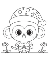Coloring book monkey in a Santa hat and suit, spreading holiday cheer