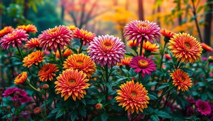 Vibrant chrysanthemums & forest elements on colorful backdrop, ample copy space, leaves, woodland