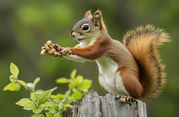 Obraz premium Red squirrel eating nut, forest, stump, nature, wildlife photography
