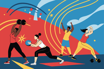 Design a vibrant vector web banner showcasing diverse people of various ages and body types engaging in different fitness activities, promoting inclusivity and healthy lifestyles.