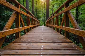 Experience the harmonious connection between humanity and nature as a beautiful wooden footbridge gracefully provides safe passage while preserving the sanctity of our environment with its ethereal sy