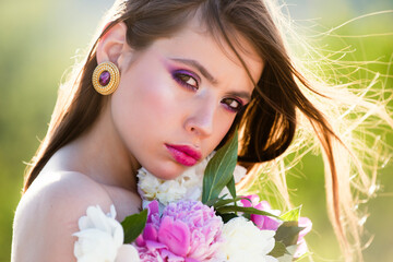 Tender woman face. Tenderness girl portrait. Beautiful tender female face. Woman looking with...