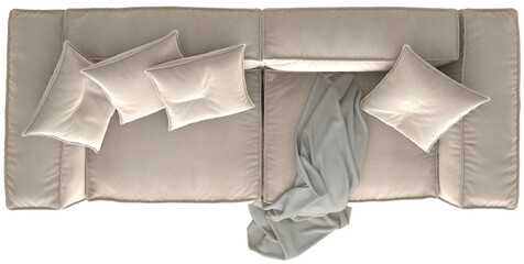 Modern beige sectional sofa with plush cushions and a soft gray throw blanket draped over the...