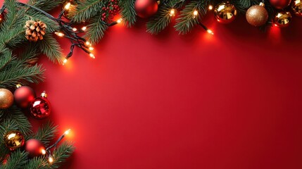 A festive Christmas border featu evergreen branches, red and gold ornaments, pinecones, and warm st lights on a solid red background design.