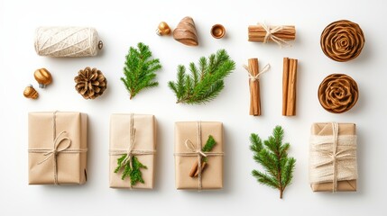 Rustic Christmas Gifts Wrapped in Brown Paper with Twine Surrounded by Natural Decorations like Fir Sprigs, Cinnamon Sticks, and Pine Cones on White Surface