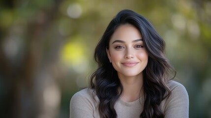 Obraz premium Happy young woman with long wavy dark hair smiling outdoors in a park with soft natural light.