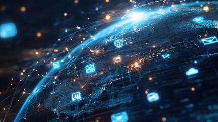 Fototapeta premium Digital Network Connectivity Over Earth at Night