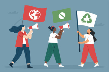 A vibrant volunteer group actively engages in a climate change awareness campaign, distributing flyers and engaging with the public.