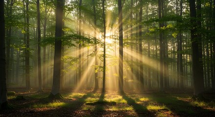 Obraz premium Beautiful rays of sunlight in a forest