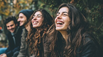Joyful group of friends laughing together in a natural setting, showcasing happiness and connection.