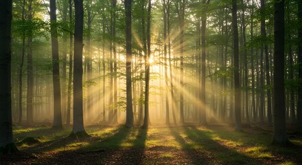 Beautiful rays of sunlight in a forest