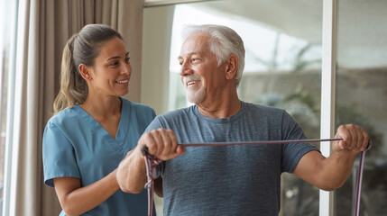 Senior man assisted by physiotherapist during physical therapy session in elder care clinic using resistance bands and dumbbells to improve mobility and strength