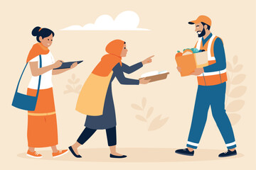 Volunteers compassionately assist refugees, providing maps and directions, offering aid and support.  Focus on empathy and helpfulness.