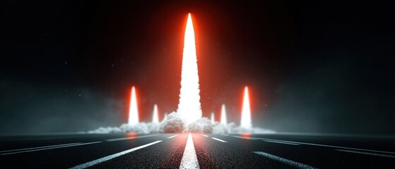Futuristic rocket launch scene with multiple rockets ascending against a dark background.