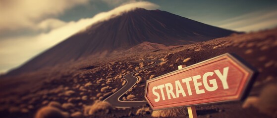 A winding road leads to a mountain, marked by a signpost labeled "Strategy," symbolizing direction and planning.