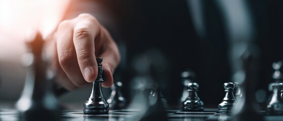 A focused hand moves a chess piece, symbolizing strategy and intellect in a competitive game.