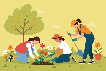 Diverse group of volunteers collaboratively planting colorful flowers in a vibrant, thriving community garden.  Focus on teamwork and positive impact.