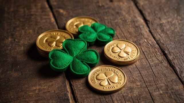 Saint Patrick’s Day gold coins and green clovers arranged on wooden board