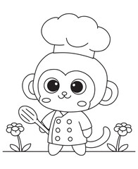 Coloring book  little monkey chef in a toque, holding a spatula